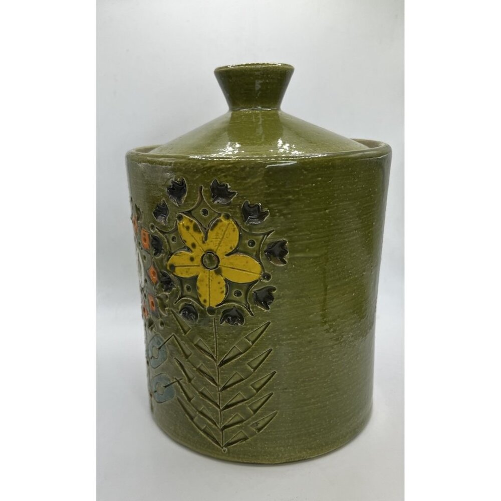 Italian Pottery Cookie Jar with Embossed Flowers by Bitossi, Green 1950s Ceramic - Picture 6 of 15